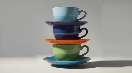 Fototapeta premium Stack of four colorful cups and saucers