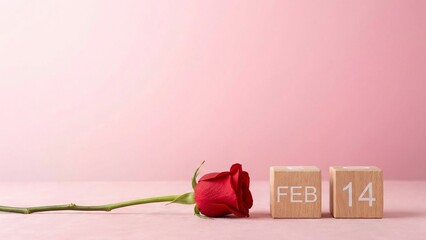 Elegant red rose and wooden calendar blocks marking February 14th for a romantic Valentine's Day celebration or loving anniversary gift announcement