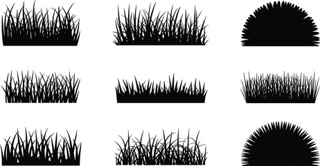 Large vector silhouette set of nine distinct natural grass patches and shrub borders, featuring various shapes, densities, and wild tufts, ideal for natural backgrounds, landscape design, gardening, a