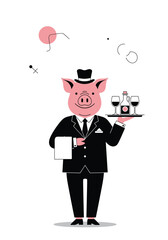 Pink pig in a sharp black tuxedo holds a wine tray and presents a selection of glasses with confidence at a refined banquet.