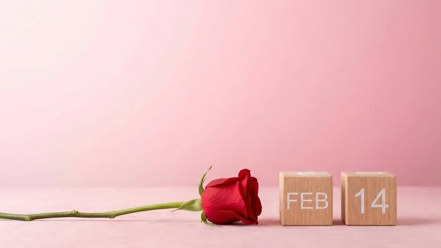 Elegant red rose and wooden calendar blocks marking February 14th for a romantic Valentine's Day celebration or loving anniversary gift announcement