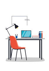 Bright clean home office setup featuring a metal framed desk with a laptop open a red chair a desk lamp a stack of books and a calm workspace ready for focus.