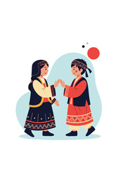 Two children in traditional festive dress share a joyful dance while holding hands and smiling as they perform a cultural greeting in a bright illustrated scene.
