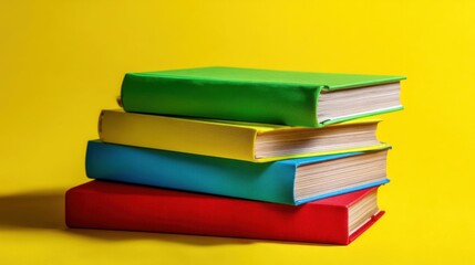 Four stacked books against a yellow background, red cover at bottom, two blue covers in middle, glossy green on top,