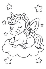 Children’s unicorn coloring page featuring a cute sleeping unicorn resting on a fluffy cloud with stars around. Thin black line art with simple clear contours and many small details.