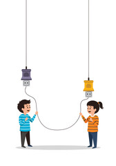 Two children stand facing each other holding a long cord that links two hanging electrical sockets overhead as they smile and play with a shared pretend power connection.