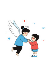 Compassionate angel with blue wings extends a gentle helping hand to a young child in red during a tender moment of trust and friendship.