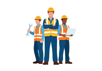 Diverse construction crew with tools and technology, representing modern industry teamwork and project management