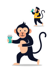 Two playful cartoon monkeys sip beverages as they stroll together with one big foreground monkey holding a cup and a smaller monkey drinking in the background.
