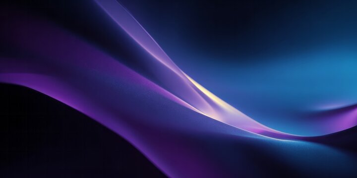 Flowing ribbons of vibrant purple and luminous blue light curve across a dark background