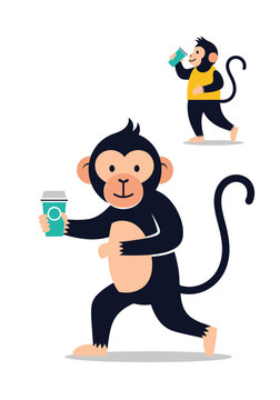 Two playful cartoon monkeys sip beverages as they stroll together with one big foreground monkey holding a cup and a smaller monkey drinking in the background.