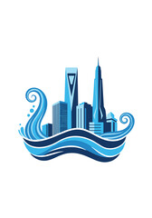 Blue glass skyline rises above stylized waves blending urban geometry with ocean rhythm in a bold graphic composition conveying modern city energy and movement.