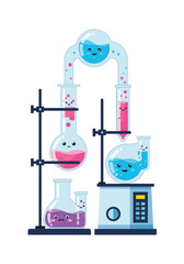 Whimsical laboratory illustration featuring glass flasks and tubes connected by stands with bubbling blue pink liquids and a futuristic digital mixer.
