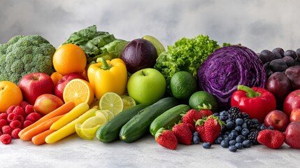 vibrant fresh fruits and vegetables assortment on modern bright table