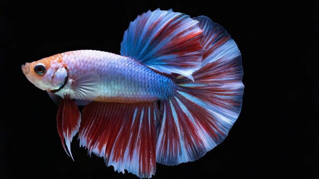 Stunning betta fish with vibrant red and blue fins showcases its majestic beauty in a dark aquatic environment