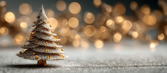 Glittery christmas tree decoration with golden lights and bokeh effect