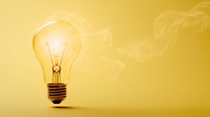 A glowing incandescent light bulb emits warm yellowish light, showcasing the bright illuminated filament inside.