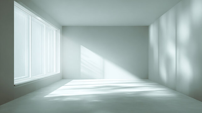 An empty room bathed in natural light, featuring a large window that illuminates the space and casts shadows on the wall