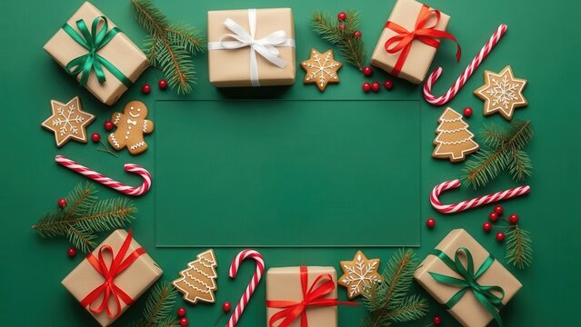 A festive Christmas holiday border with wrapped gifts, cookies, and candy canes