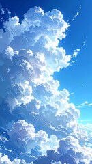 Dreamy blue sky filled with voluminous, fluffy cumulus clouds artfully rendered in an anime-inspired style