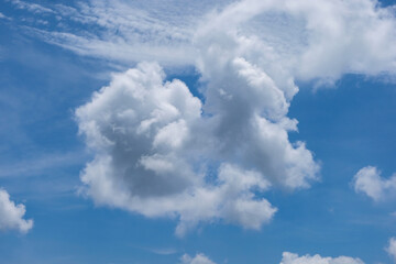 A soft, fluffy white cloud floating against a clear blue sky, creating a calm and minimal natural scene.