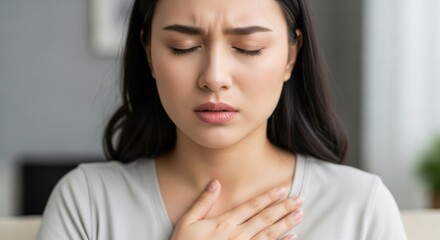 Young woman experiencing chest pain, anxiety, or panic attack seeking urgent relief and medical assistance