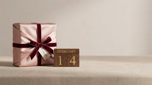Elegant Valentine's Day gift wrapped in silk with love tag and February 14th block calendar, perfect for romantic celebrations and heartfelt gestures