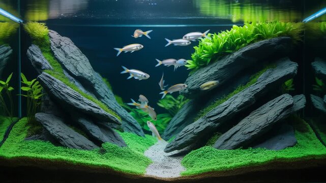 Beautifully aquascaped freshwater aquarium featuring a school of small silver and gold fish swimming among lush green plants and rocks