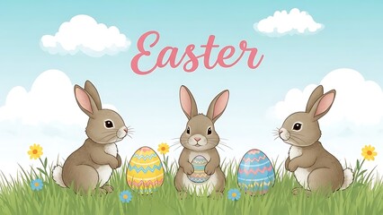 Three adorable easter bunnies with colorful painted eggs in a grassy field under a cloudy blue sky