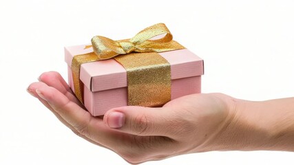 Video A person holding a pink gift box with a gold bow, ideal for birthday or celebration scenes