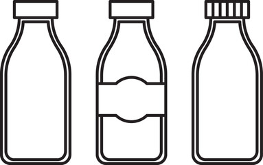 Vector illustration of three outlined bottles with varied caps and label designs. Ideal for packaging concepts, product design, branding visuals, and minimalist educational or marketing materials.