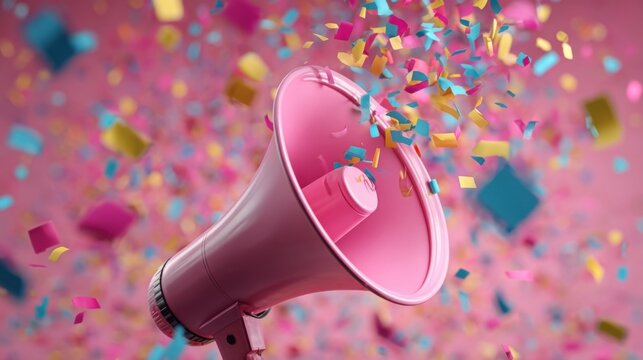 A pink megaphone surrounded by colorful confetti celebrates an announcement or event,