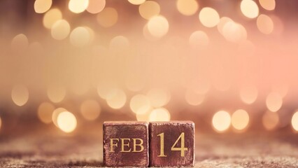 Romantic Valentine's Day February 14th on rustic wooden block against bokeh lights backdrop for love, romance, and happy memories