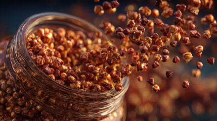 Healthy buckwheat grains spilling out of a clear jar, symbolizing natural nourishment and organic food.