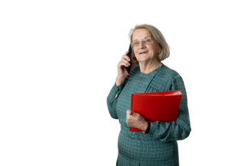 Senior businesswoman making phone call holding red folder