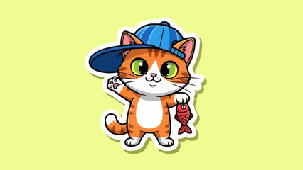 Cute Orange Tabby Cat Wearing Blue Baseball Cap Holding a Small Fish.
