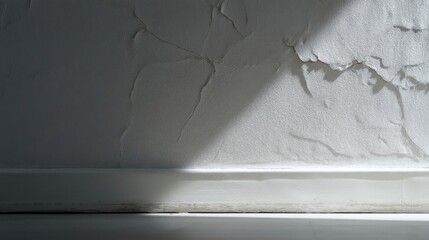 A smooth white interior wall with a clean baseboard casts subtle shadows from left lighting,