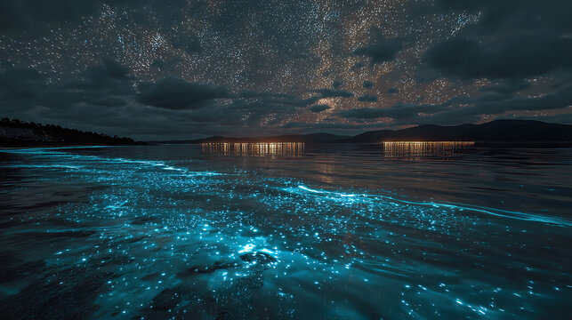 The mesmerizing waves of the ocean at night illuminate with bioluminescence. The water is glowing with blue light against the night sky, creating a breathtaking and surreal scene. 