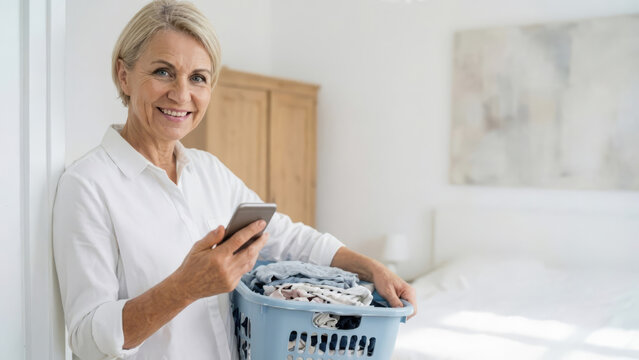 Senior woman smiling while holding a laundry basket and using a smartphone for online service.