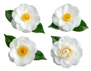 Four beautiful white camellia flowers with green leaves on black
