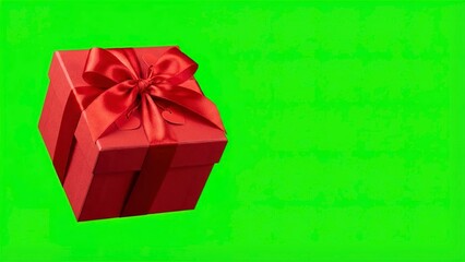 Vibrant red gift box with satin bow against bright green backdrop for festive promotions and special occasions