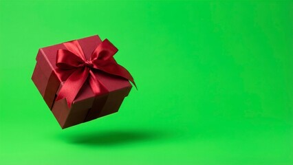 Elegant red gift with satin ribbon floating against a vibrant green background adds joy to any celebration project with space for your message
