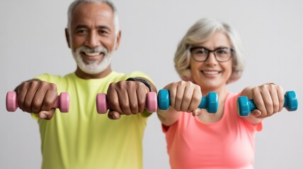 Senior couple exercising together, holding colorful dumbbells in hands, smiling and promoting fitness lifestyle, showcasing strength and companionship in a bright indoor setting