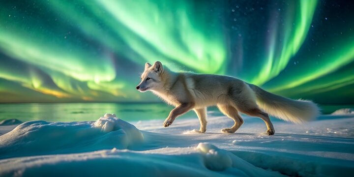Arctic fox walks across snowy landscape under vibrant green aurora borealis sky