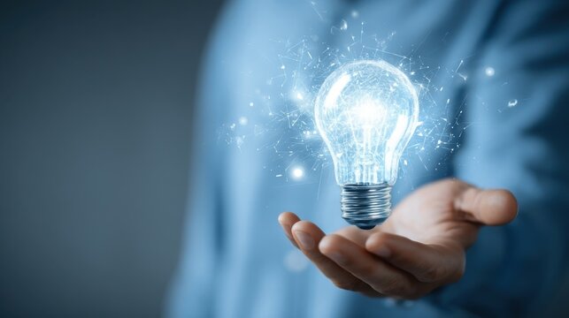 A bright lit lightbulb with rays floating above an outstretched hand against a bluish backdrop,