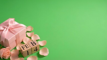 Romantic Valentine's Day gift box with rose petals and February 14th blocks on pastel green, perfect for expressing love and celebration