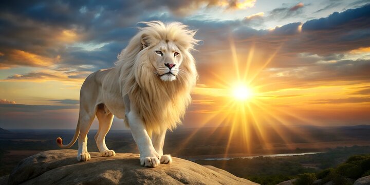 Majestic white lion standing proudly on a rock at sunset with dramatic sky - Powered by Adobe