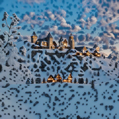 Snowy Mountain Castle at Dusk