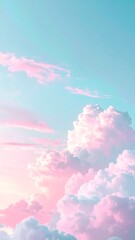 Dreamy cloudscape soft pink & white clouds drift in a pastel blue sky, bathed in gentle, ethereal light