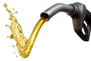Fuel pump nozzle pouring a vibrant golden liquid gasoline, splashing and creating energy, on a transparent background